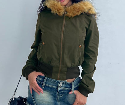 Furry Trim Hooded Zip-Up Crop Jacket
