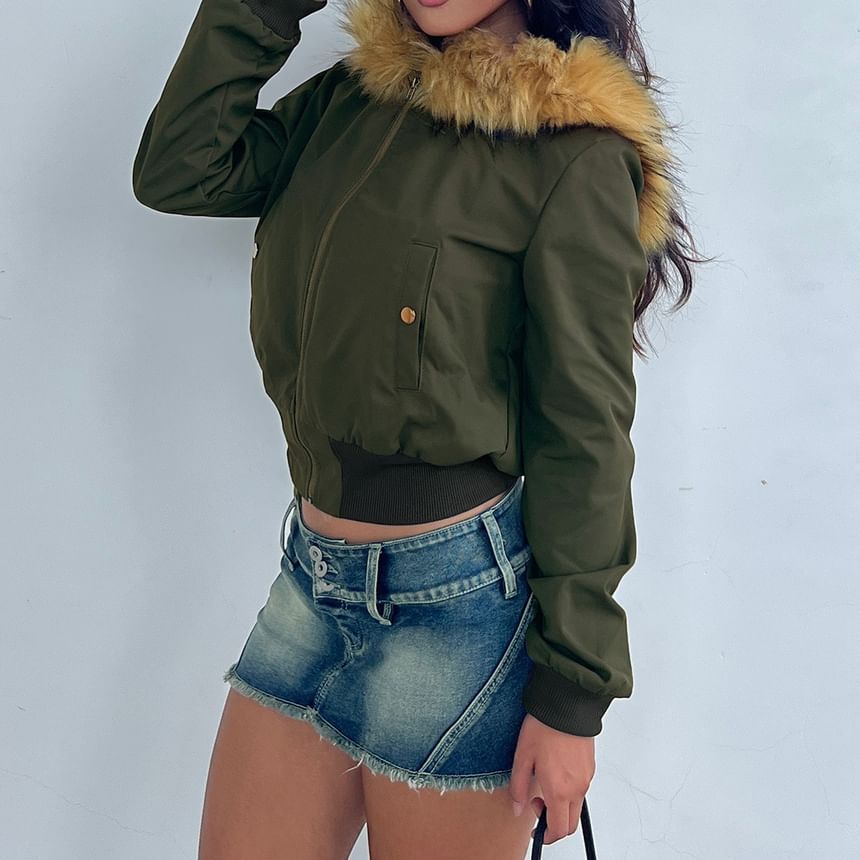 Furry Trim Hooded Zip-Up Crop Jacket