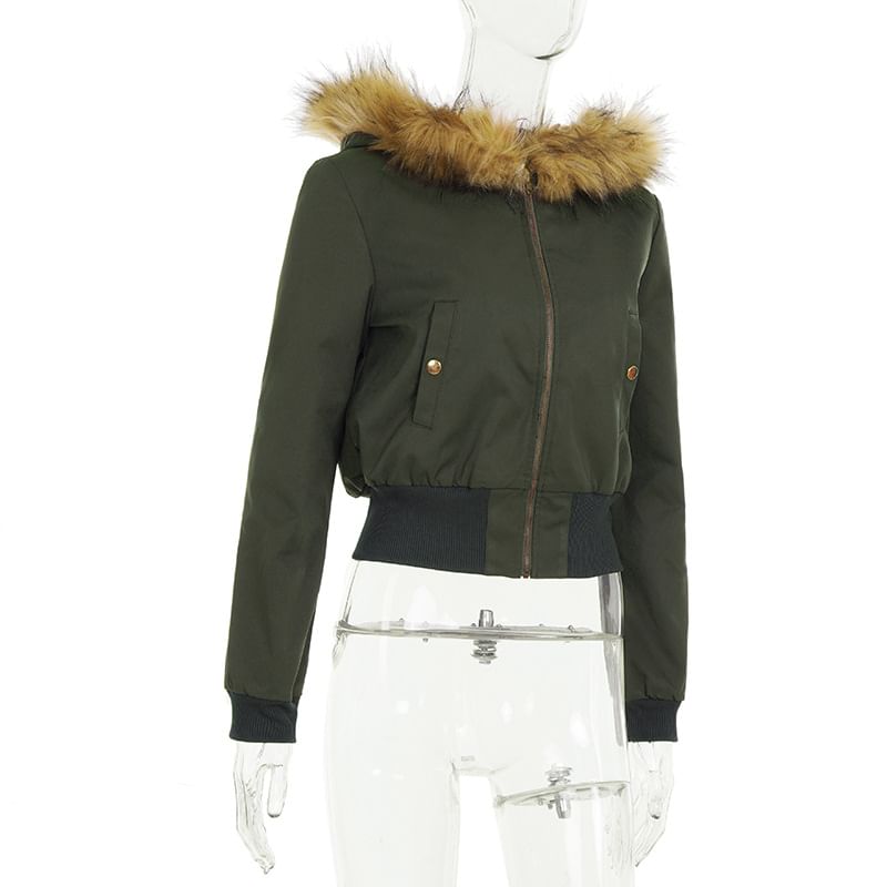 Furry Trim Hooded Zip-Up Crop Jacket