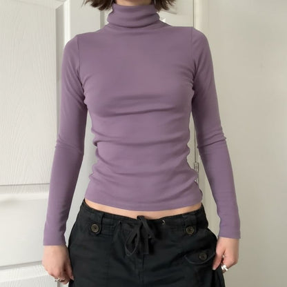 Turtleneck Cropped Knit Pullover with Long Sleeves