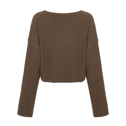 Cropped V-Neck Pullover Sweater in Solid Color