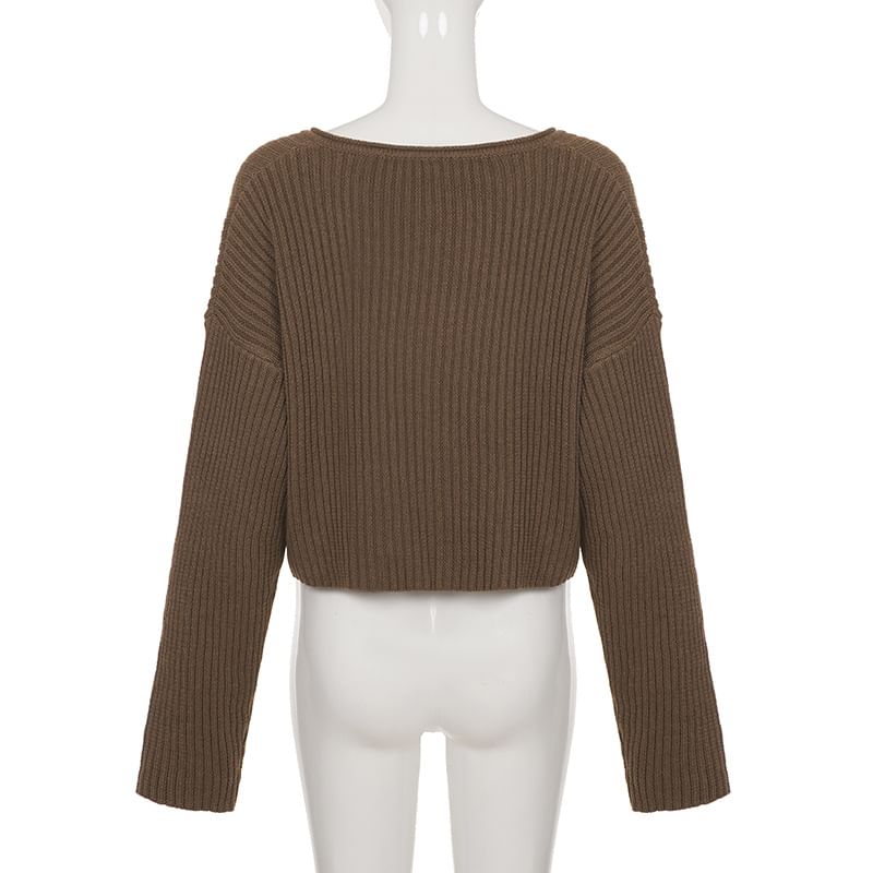 Cropped V-Neck Pullover Sweater in Solid Color
