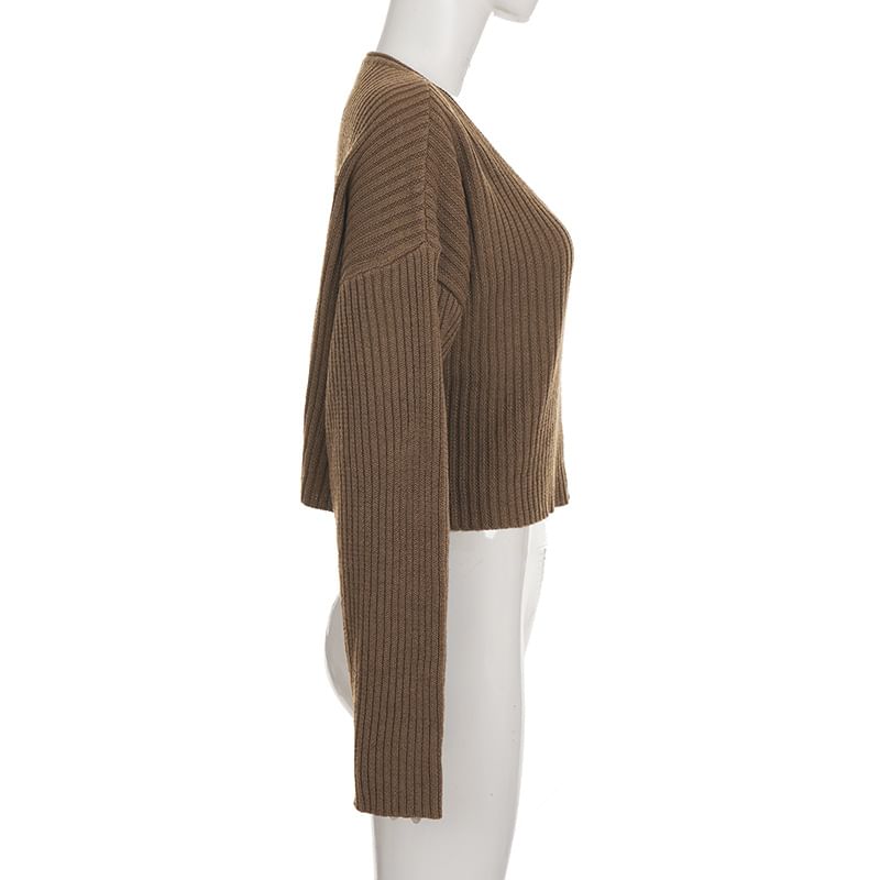 Cropped V-Neck Pullover Sweater in Solid Color