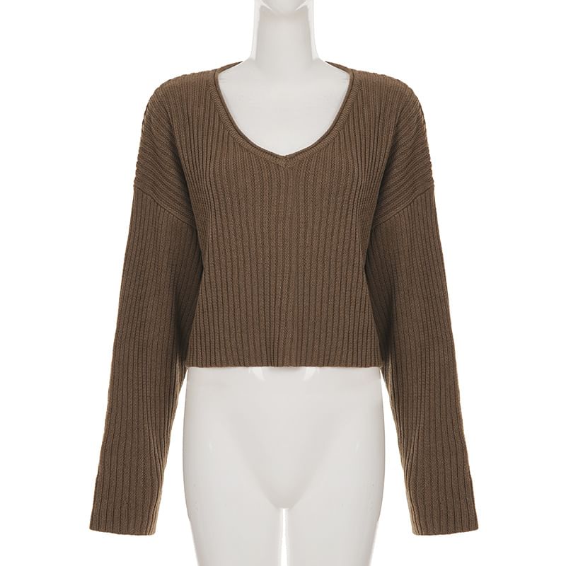 Cropped V-Neck Pullover Sweater in Solid Color