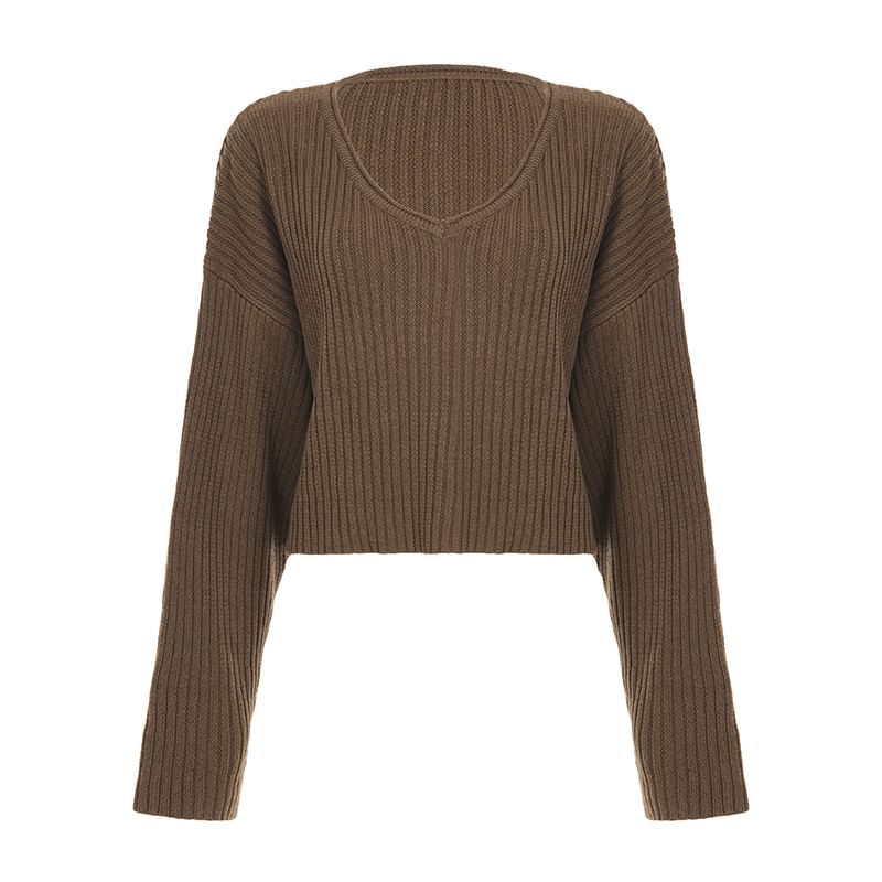 Cropped V-Neck Pullover Sweater in Solid Color