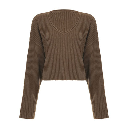Cropped V-Neck Pullover Sweater in Solid Color