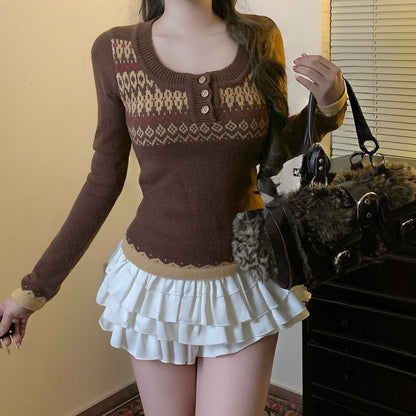 Jacquard Henley Cropped Knit Top with Long Sleeves