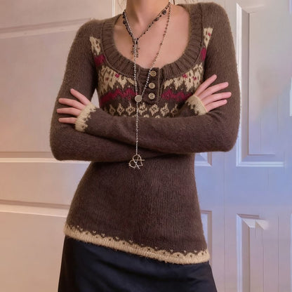 Jacquard Henley Cropped Knit Top with Long Sleeves