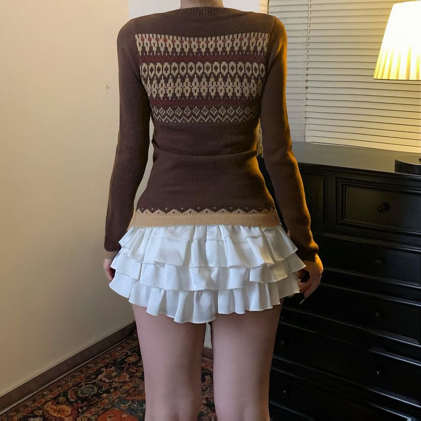 Jacquard Henley Cropped Knit Top with Long Sleeves
