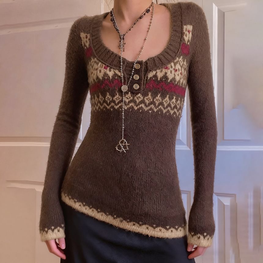 Jacquard Henley Cropped Knit Top with Long Sleeves