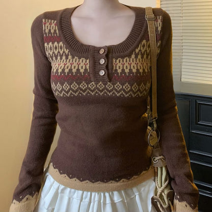 Jacquard Henley Cropped Knit Top with Long Sleeves