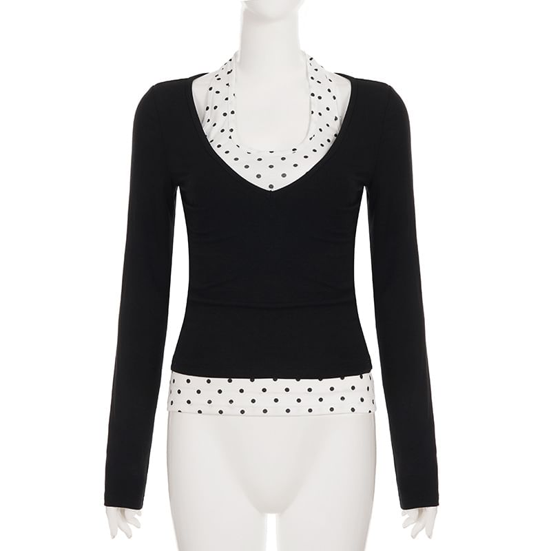 Dotted Mock Two-Piece Top with Long Sleeves