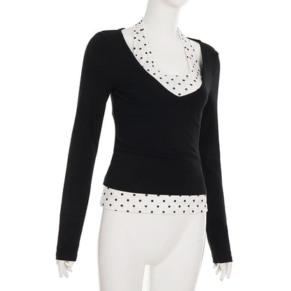 Dotted Mock Two-Piece Top with Long Sleeves