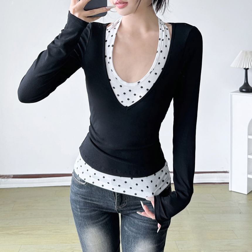 Dotted Mock Two-Piece Top with Long Sleeves