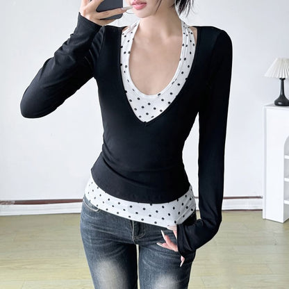 Dotted Mock Two-Piece Top with Long Sleeves