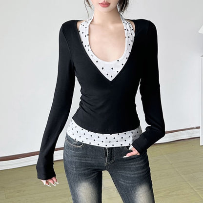 Dotted Mock Two-Piece Top with Long Sleeves
