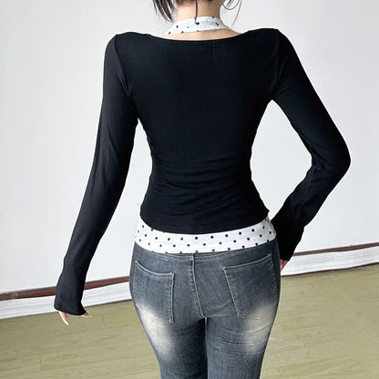 Dotted Mock Two-Piece Top with Long Sleeves
