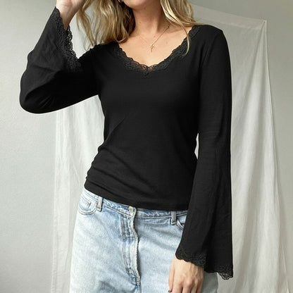 Bell-Sleeve V-Neck Lace-Trim Fitted Top