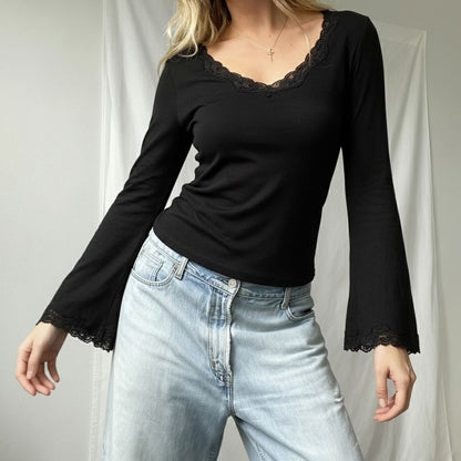 Bell-Sleeve V-Neck Lace-Trim Fitted Top