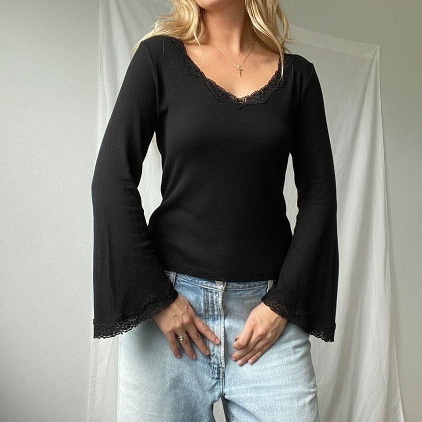 Bell-Sleeve V-Neck Lace-Trim Fitted Top