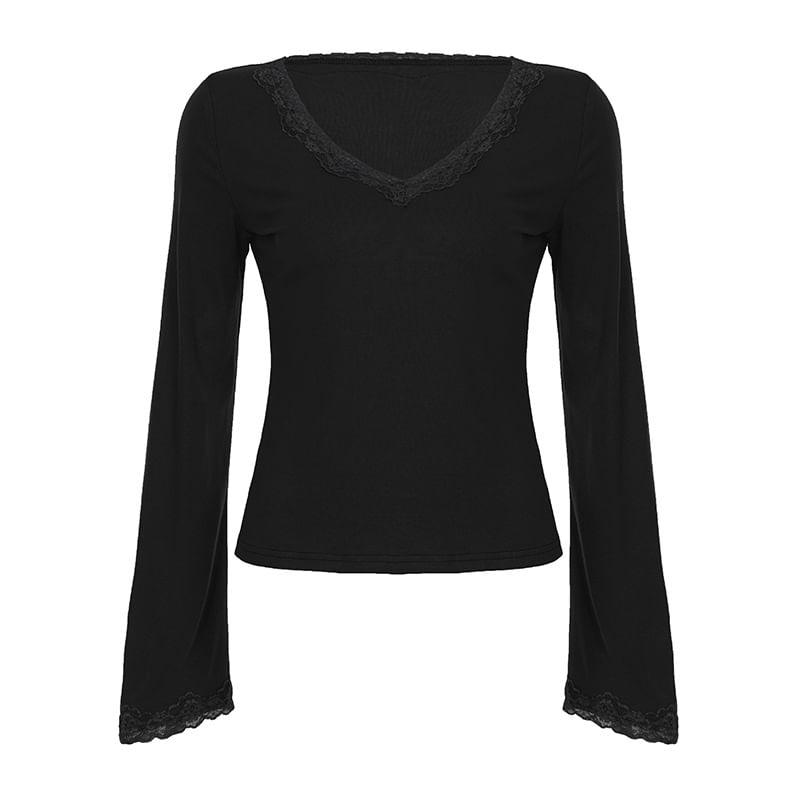 Bell-Sleeve V-Neck Lace-Trim Fitted Top
