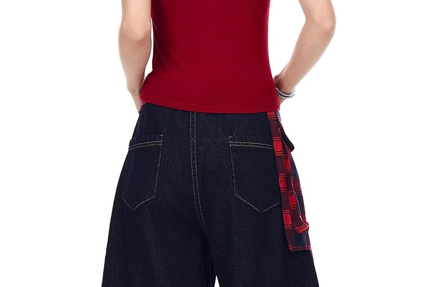 Washed Wide Leg Jeans + Plaid Wrap Skirt Set