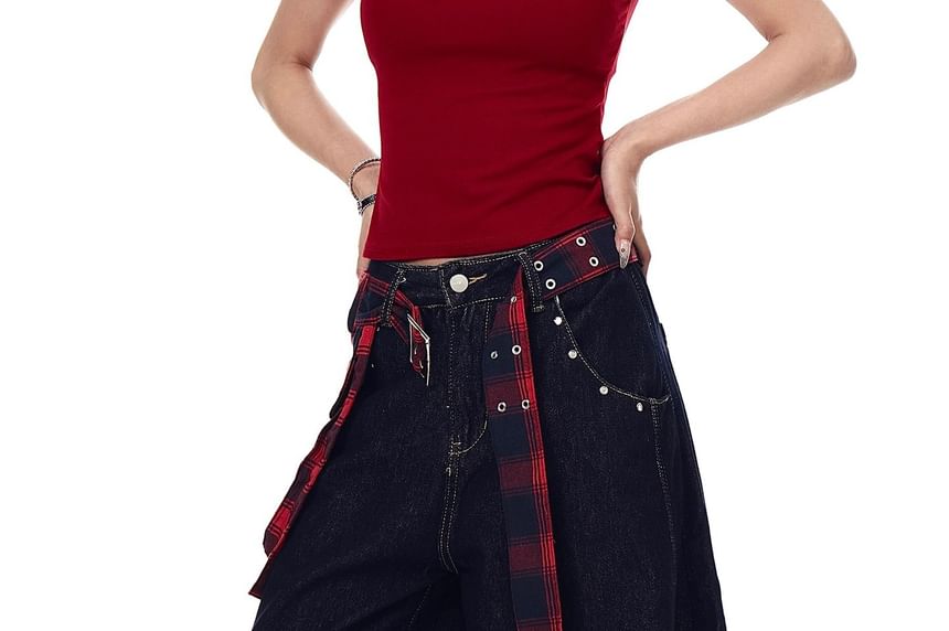 Washed Wide Leg Jeans + Plaid Wrap Skirt Set