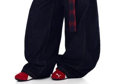 Washed Wide Leg Jeans + Plaid Wrap Skirt Set