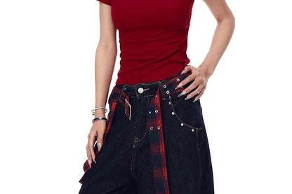 Washed Wide Leg Jeans + Plaid Wrap Skirt Set
