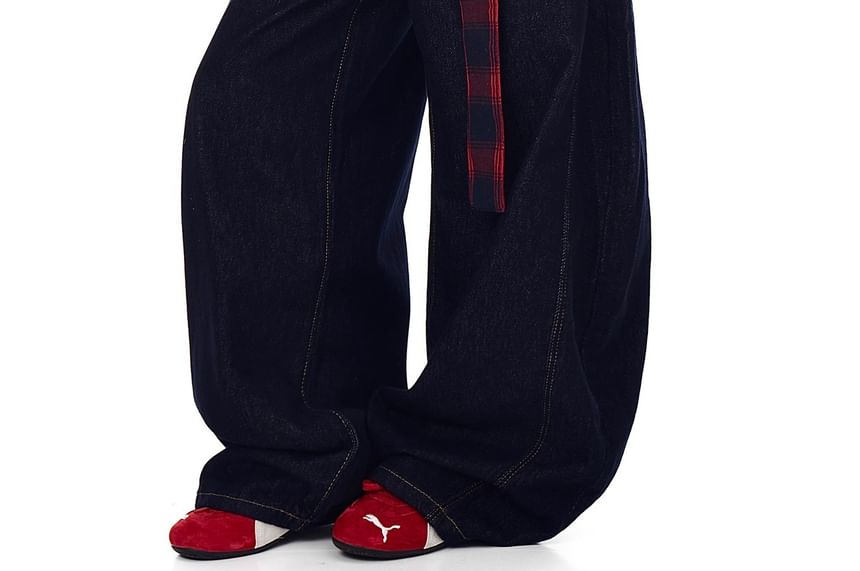 Washed Wide Leg Jeans + Plaid Wrap Skirt Set