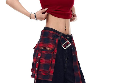 Washed Wide Leg Jeans + Plaid Wrap Skirt Set