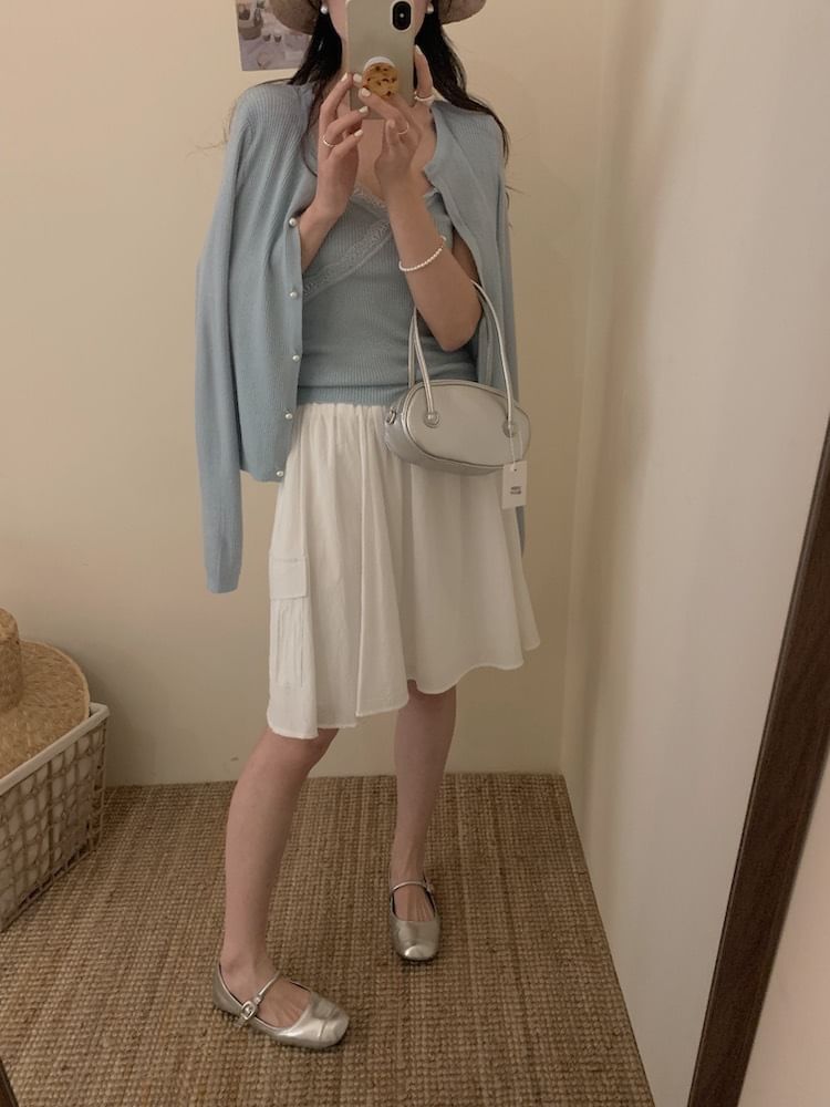 Lace Trim Ribbed Cami and Faux Pearl Cardigan Set