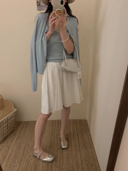 Lace Trim Ribbed Cami and Faux Pearl Cardigan Set