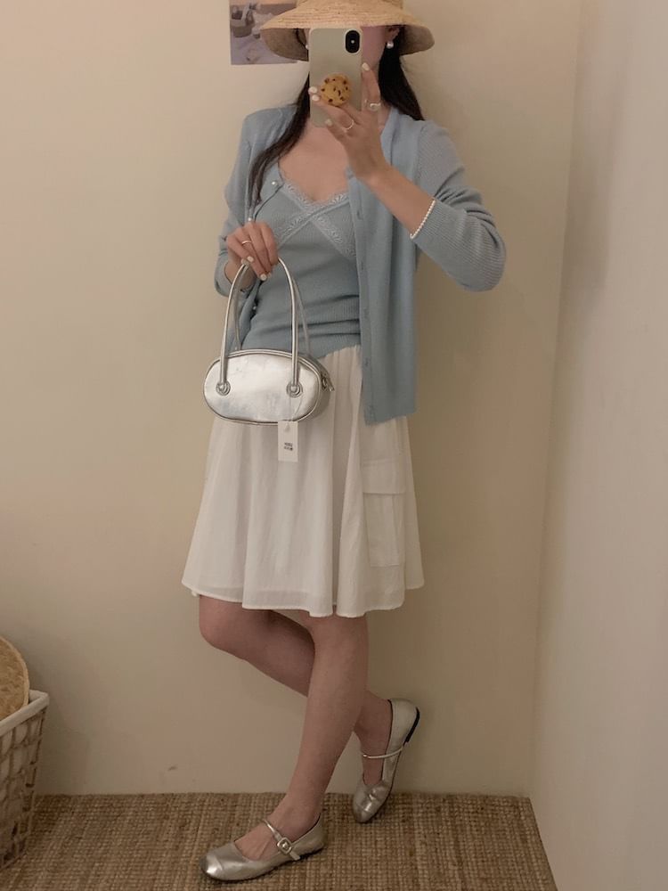 Lace Trim Ribbed Cami and Faux Pearl Cardigan Set