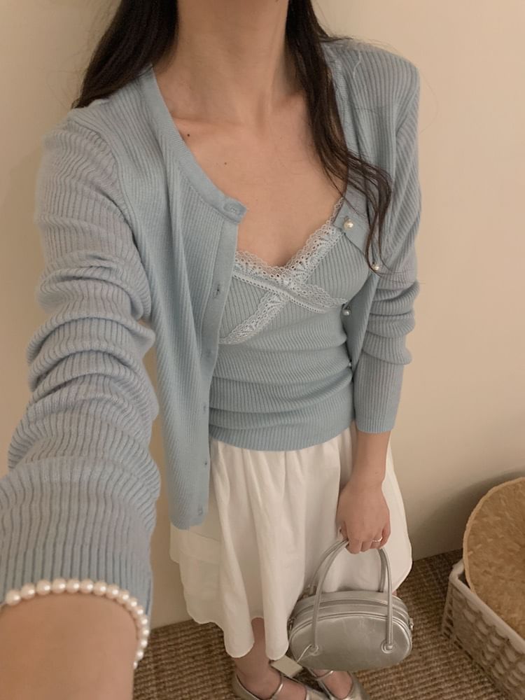 Lace Trim Ribbed Cami and Faux Pearl Cardigan Set