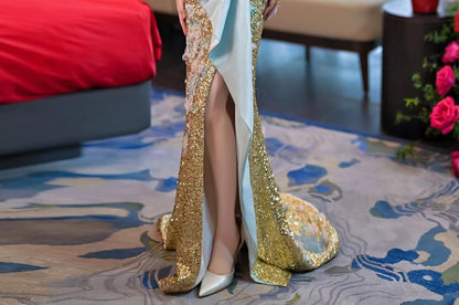 Strapless Floral Jacquard Sequined Bow Mermaid Evening Gown
