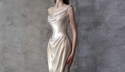 One-Shoulder Faux Pearl Fringed Mermaid Evening Gown