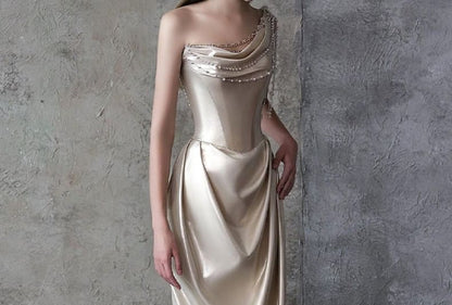 One-Shoulder Faux Pearl Fringed Mermaid Evening Gown