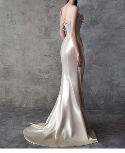One-Shoulder Faux Pearl Fringed Mermaid Evening Gown