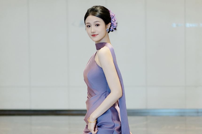 One-Shoulder Asymmetrical Shirred A-Line Evening Gown