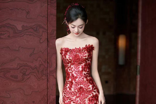 Strapless Floral Jacquard Tasseled Bodycon Evening Gown