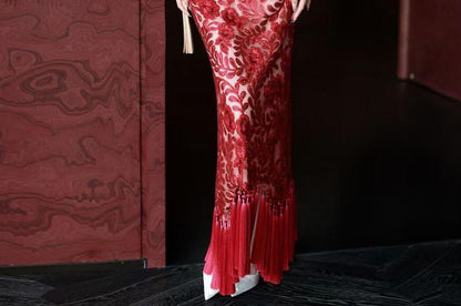 Strapless Floral Jacquard Tasseled Bodycon Evening Gown