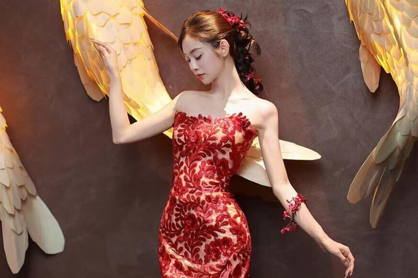 Strapless Floral Jacquard Tasseled Bodycon Evening Gown