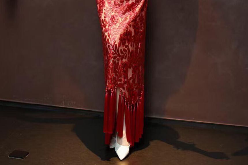 Strapless Floral Jacquard Tasseled Bodycon Evening Gown