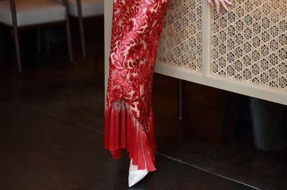 Strapless Floral Jacquard Tasseled Bodycon Evening Gown