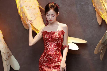Strapless Floral Jacquard Tasseled Bodycon Evening Gown