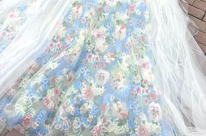Strapless Floral Print Mesh Overlay A-Line Evening Gown