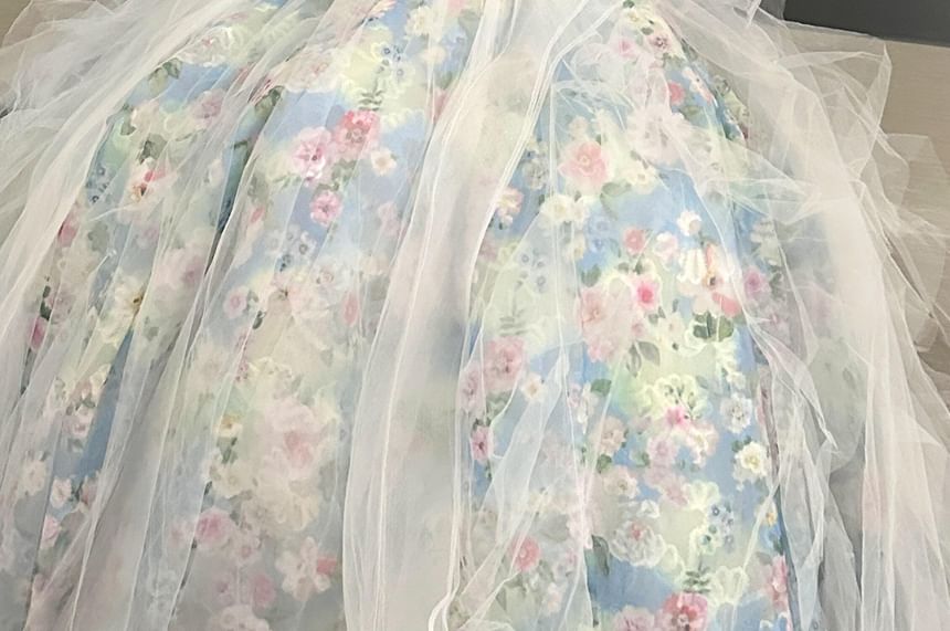 Strapless Floral Print Mesh Overlay A-Line Evening Gown