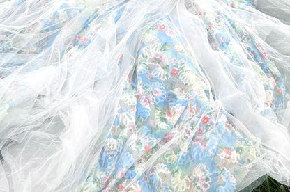 Strapless Floral Print Mesh Overlay A-Line Evening Gown