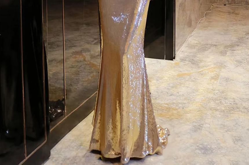Off-Shoulder Asymmetrical Sequined Mermaid Evening Gown